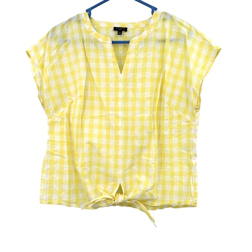 Talbots Size‎ Medium Petite Blouse Yellow Plaid Cropped Cap Sleeve Cottagecore